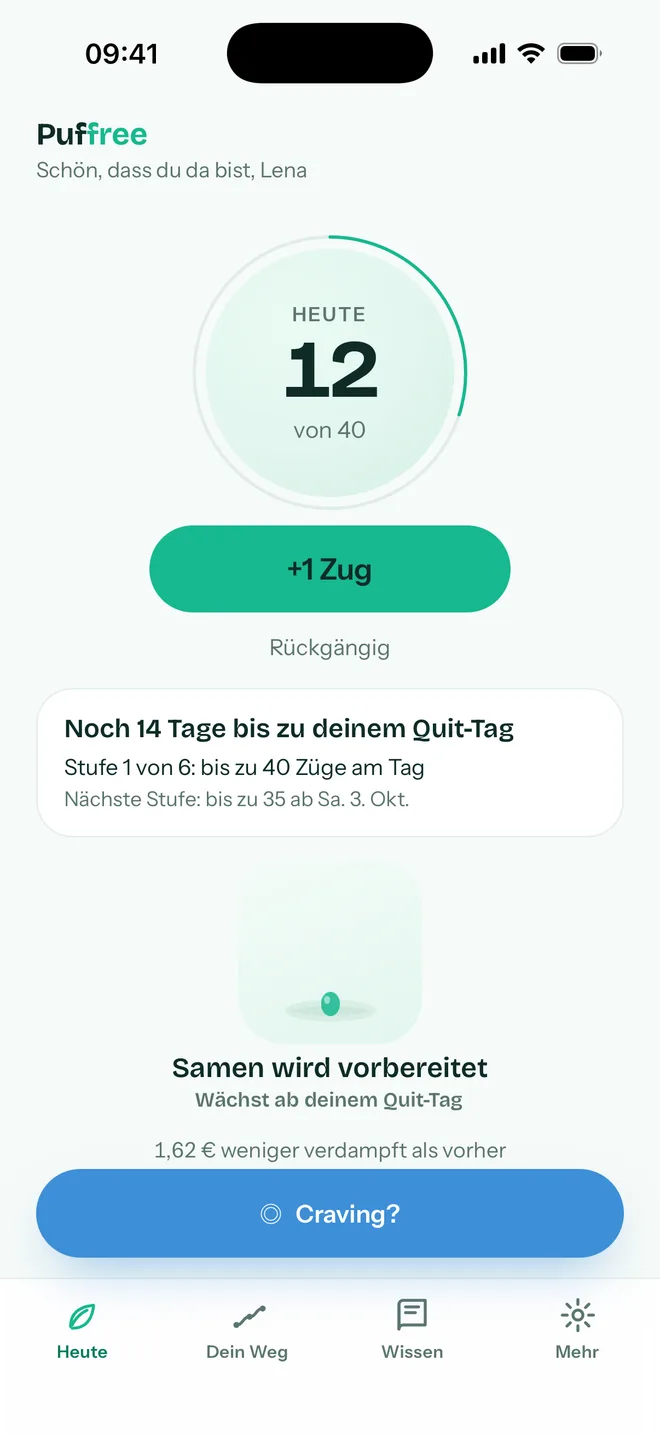 Puffree im Ausschleich-Modus: 12 von 40 Zügen heute, der Knopf „+1 Zug“, noch 14 Tage bis zum Quit-Tag, Stufe 1 von 6