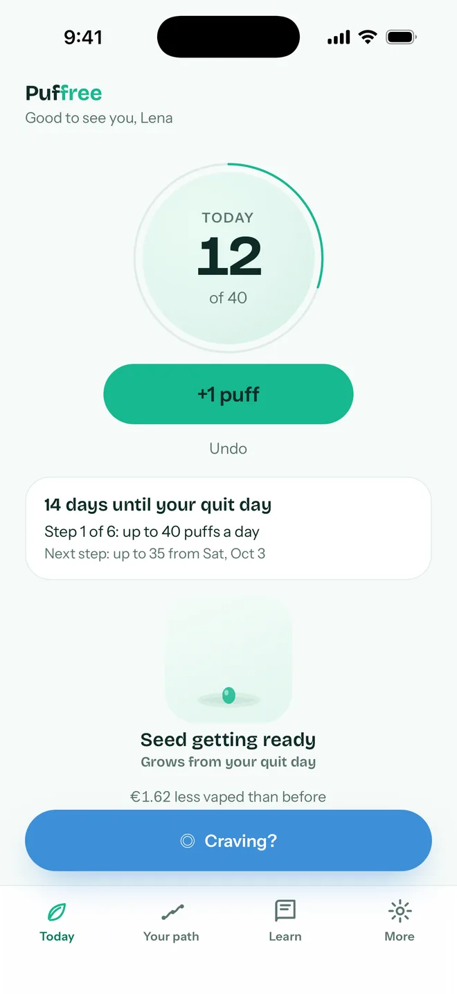 Puffree while cutting down: 12 of 40 puffs today, the button “+1 puff”, 14 days until quit day, step 1 of 6