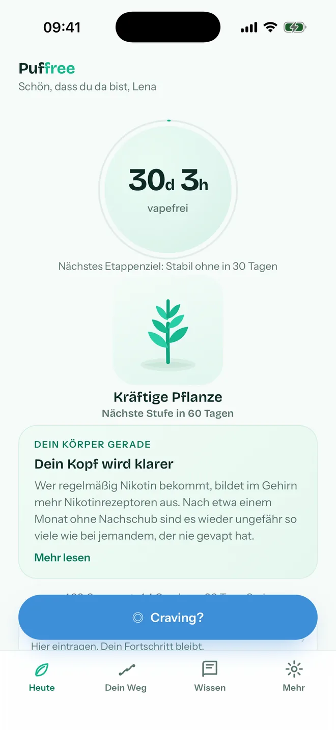 Heute-Screen von Puffree: Timer bei 30 Tagen 3 Stunden vapefrei, die Pflanze, der Abschnitt „Dein Körper gerade“ und der Craving-Knopf