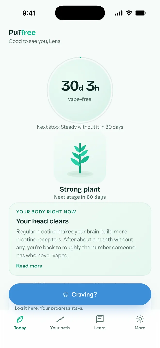 Puffree Today screen: timer at 30 days 3 hours vape-free, the plant, the section “Your body right now” and the craving button