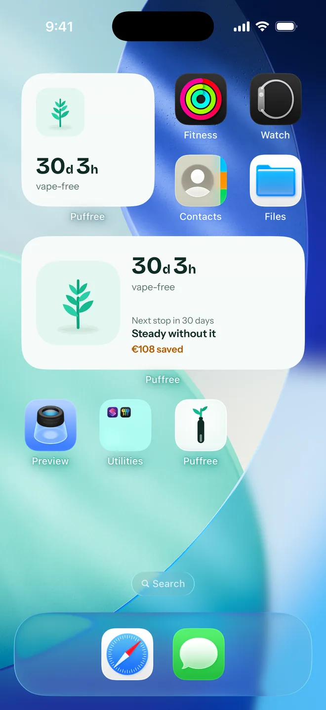 iPhone home screen with a small and a medium Puffree widget: 30 days 3 hours vape-free, next stop in 30 days, 108 euros saved